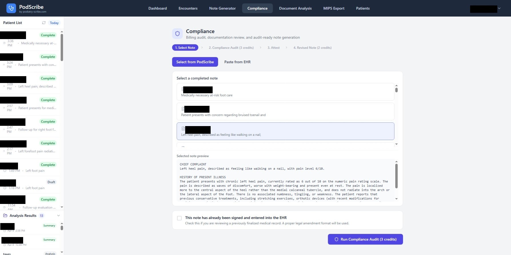 Select any clinical note for compliance review