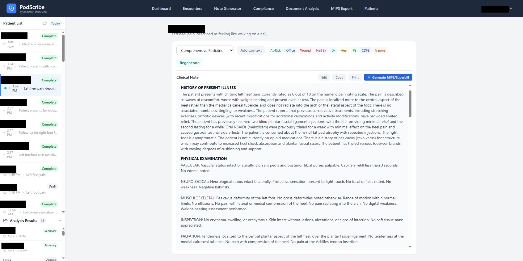 PodScribe ambient AI scribe workspace showing a completed podiatry clinical note with CPT codes